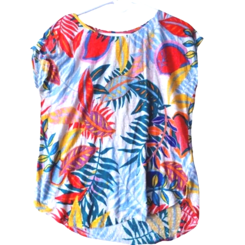 C&C California Linen Short Sleeve Colorful Floral Blouse Women's Sz L